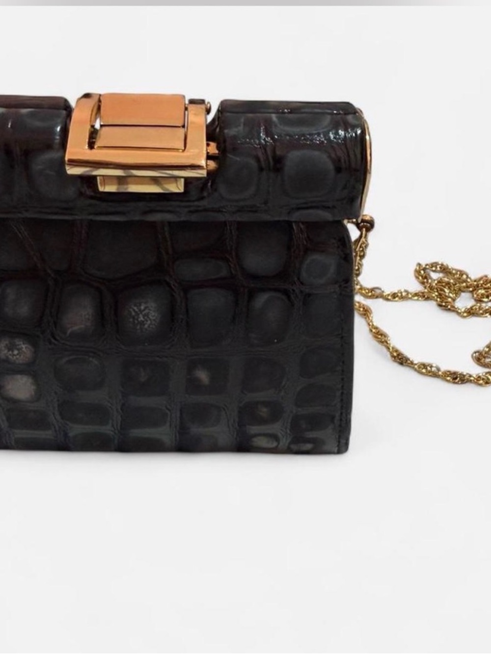 Black Croc-Embossed Crossbody Bag with Gold Chain Strap